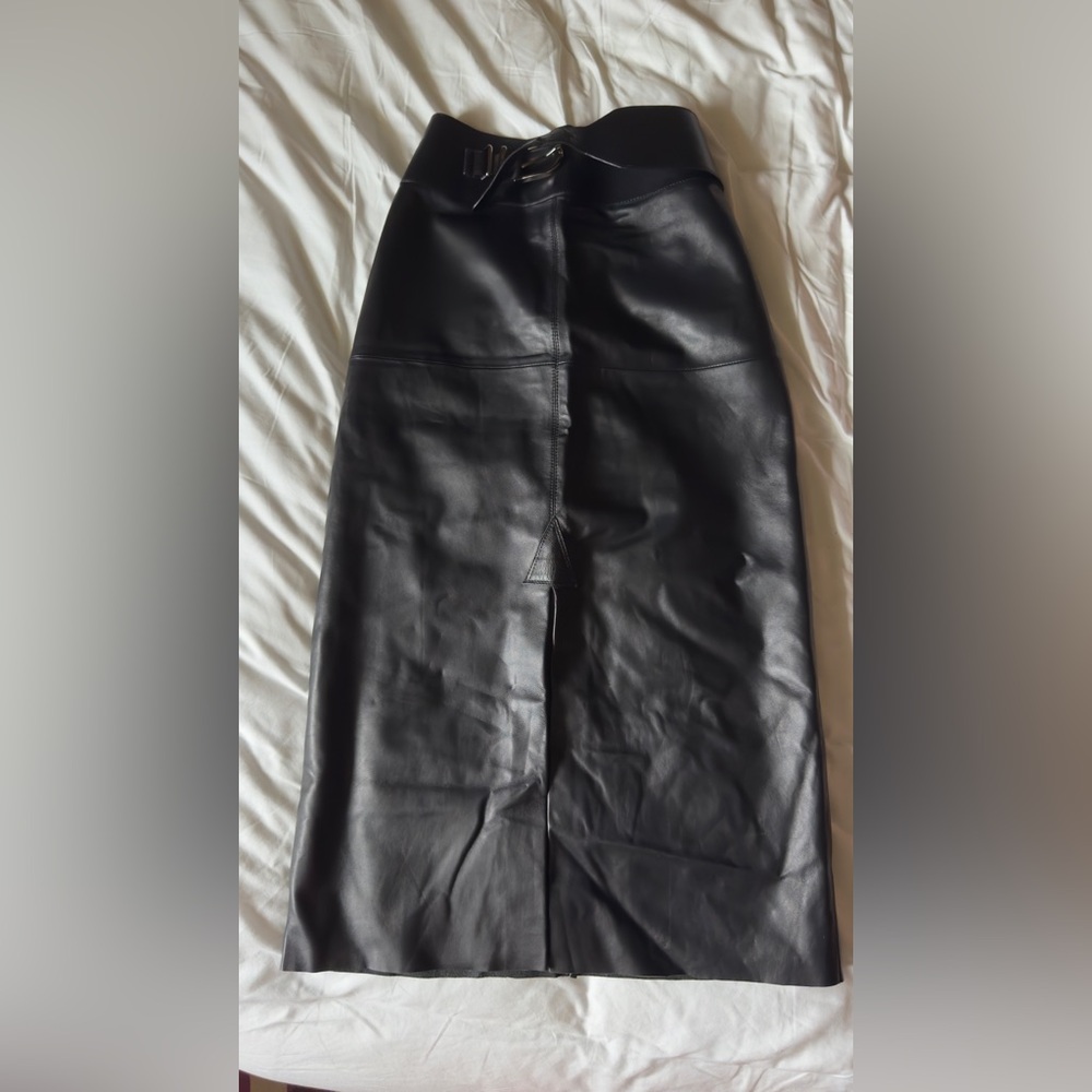 Massimo Dutti Black Leather Midi Skirt